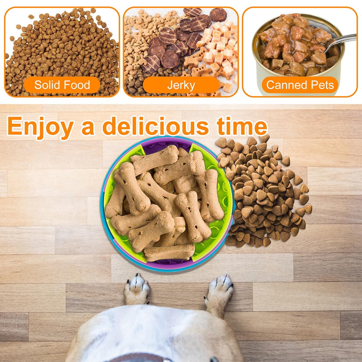Dog slow feeder used with kibble, jerky and spreadable wet food