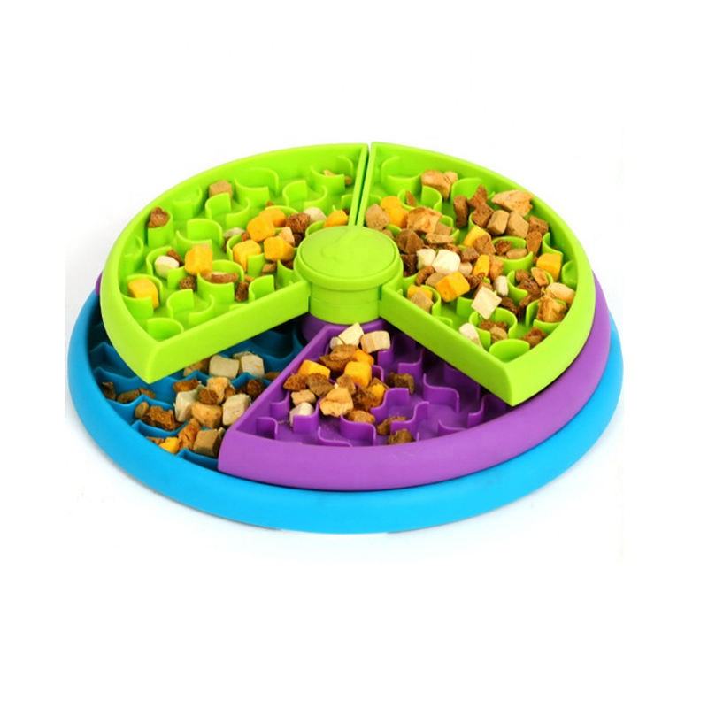 Colorful 3-in-1 dog slow feeder bowl with rotating puzzle sections