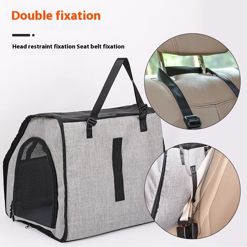 Dog car booster seat secured with headrest strap and seat belt attachment