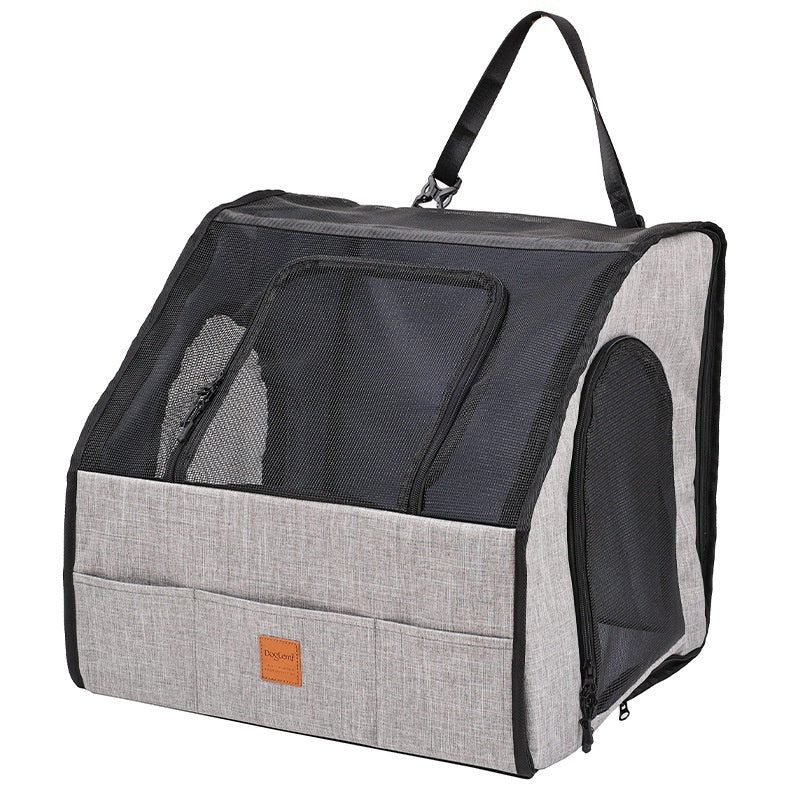 Gray foldable dog car booster seat with mesh panels and carrying strap