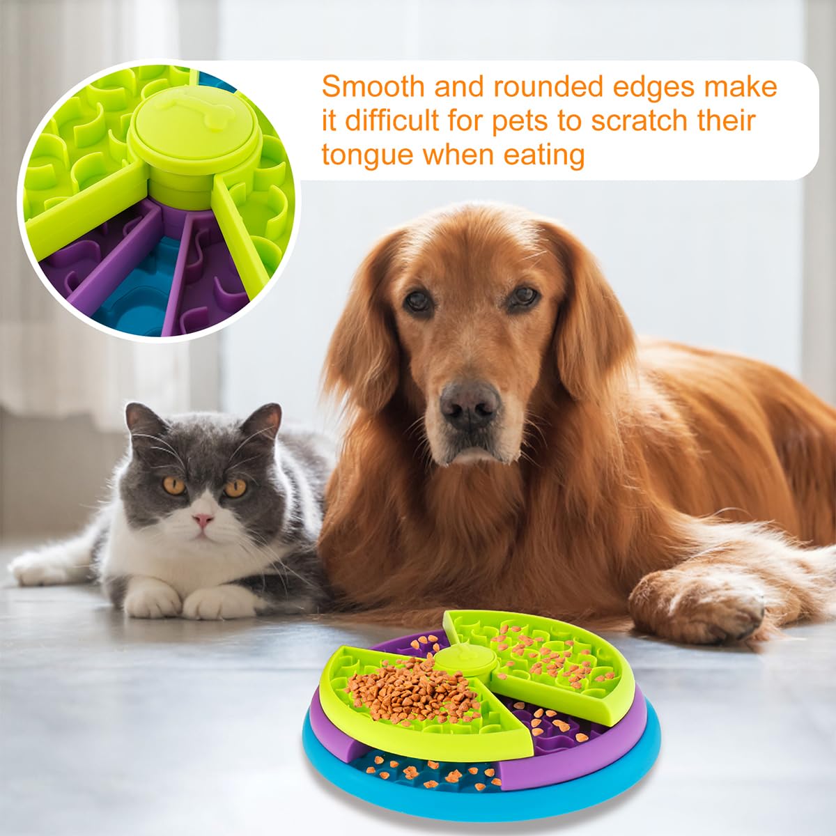 Dog and cat beside a slow feeder with smooth rounded edges