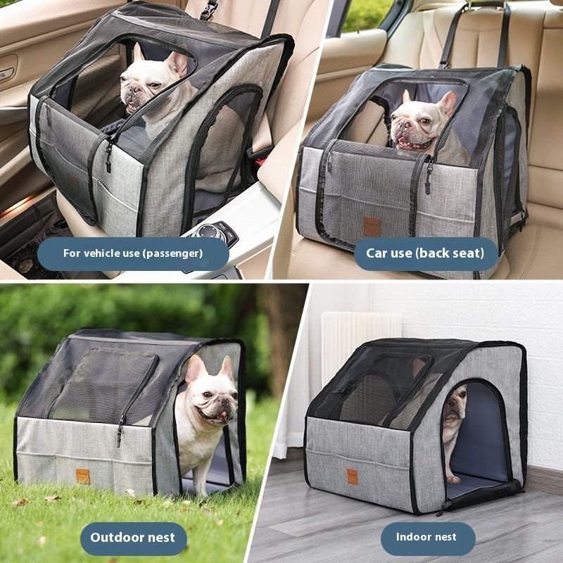 Foldable dog booster seat used in a car, outdoors and as an indoor pet bed