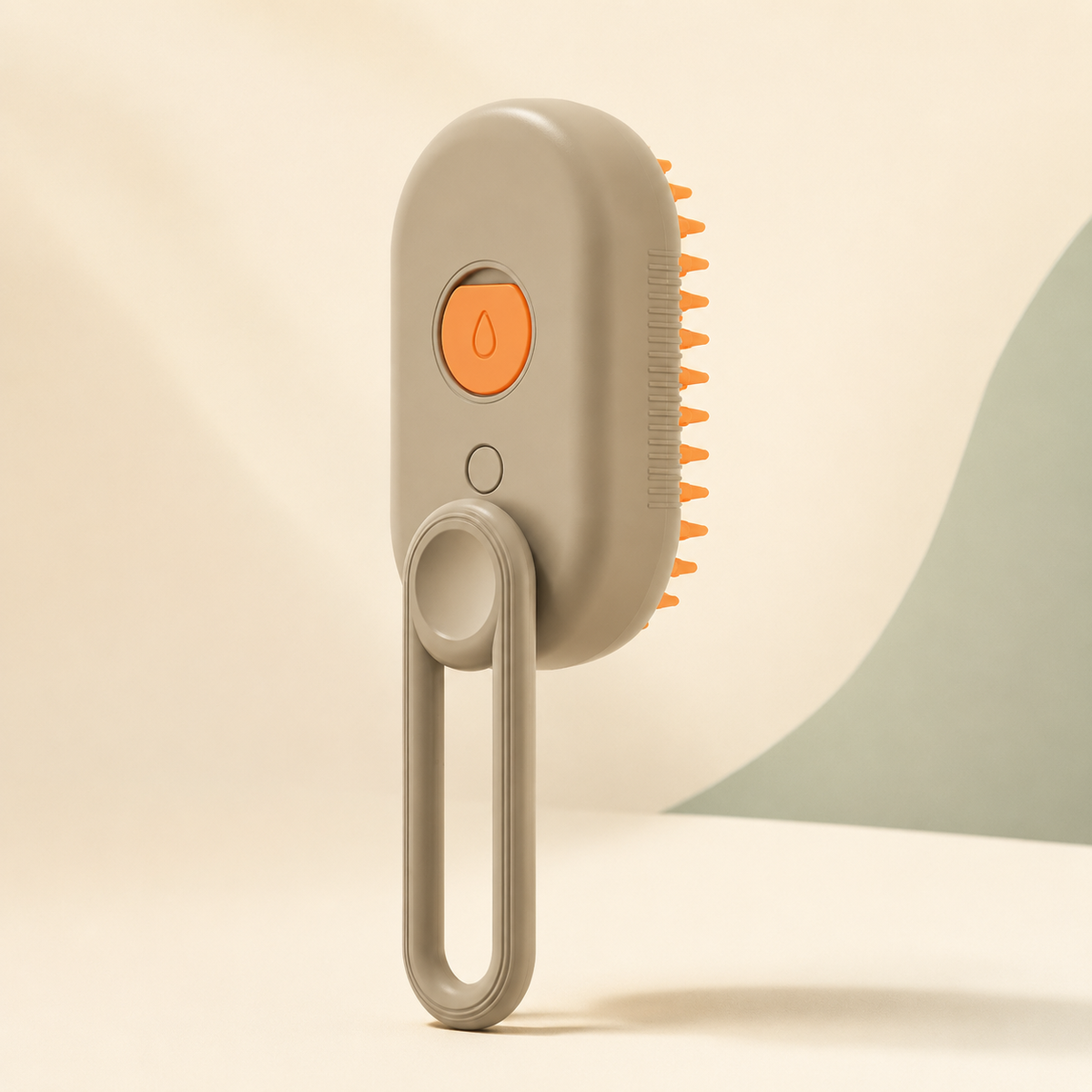 Neutral mist and massage pet grooming brush on a warm ivory background